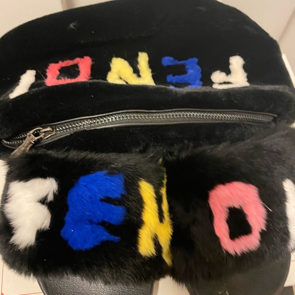 Fendi set with fluffy slides and fanny pack multi colored